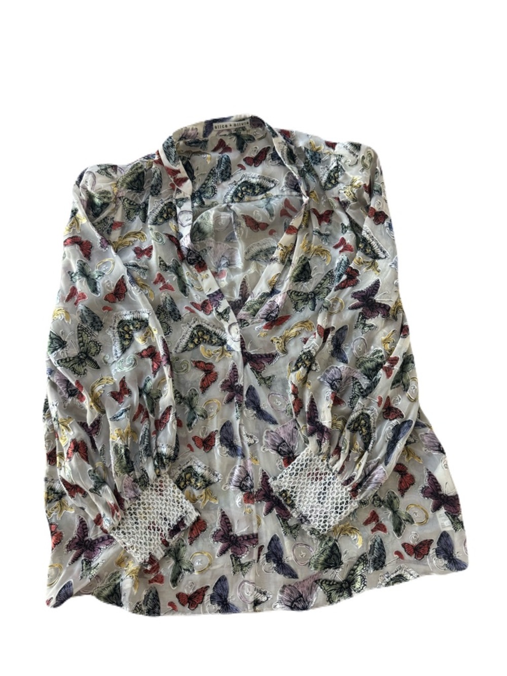 NWOT Women's Alice & Olivia Silk Butterfly Print Blouse Sheer Work Size Large - Picture 4 of 9